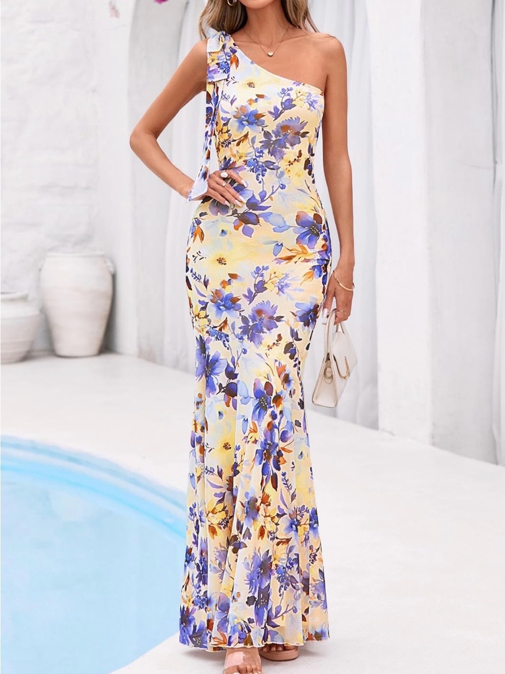 One-Shoulder Yellow Floral Maxi Dress with Blue Accents